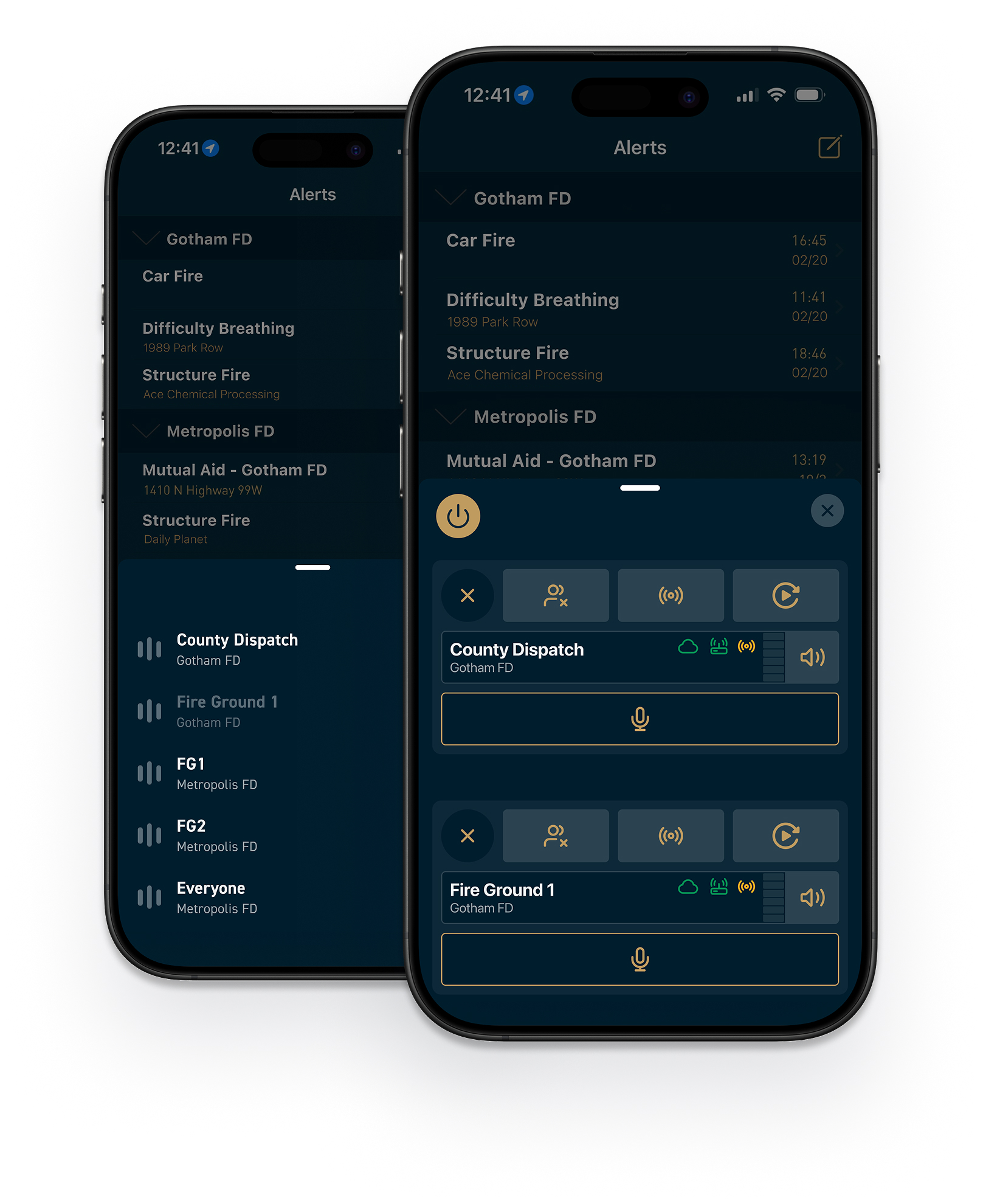 Active911 communications overlay shown across two phone screens